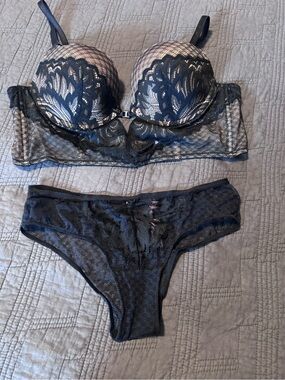 Adore Me Black Nude Lace Longline Bra & Panty Set 36D Small